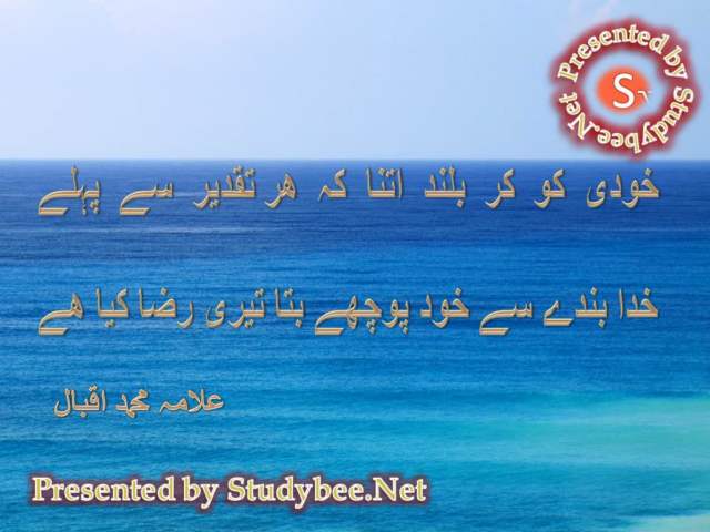 Khudi ko kar buland itna k har taqdeer say pehlay, khuda banday say khud poochay bta tery raza kya hy