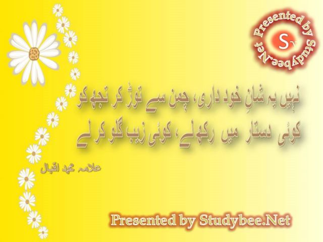 Nahi ye shan e khud dari chaman say tor kar tuj ko, koi dastar main rakh lay koi zeb e gulu kr lay