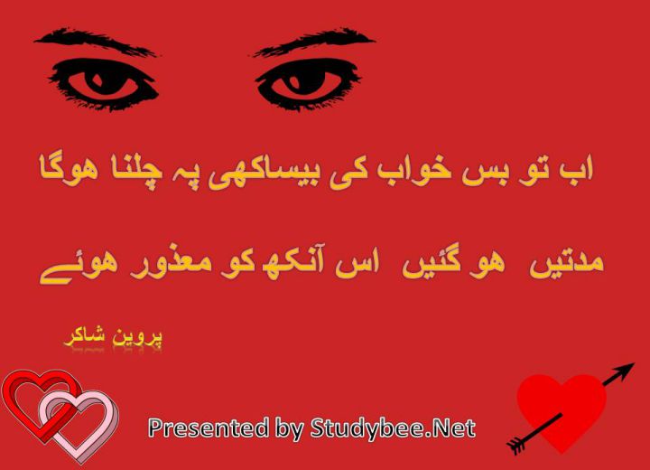 ab to bas khwab ky lathy p chalna ho ga mudaten ho gaen is ankh ko mazoor huwy