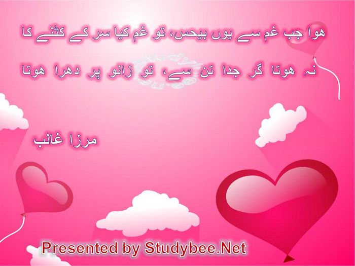 Huwa jab gham say yun behis to gham kya sar kay katnay ka, na hota gar juda tan say to zano par dhara hota(Mirza Ghalib-Sad Poetry)