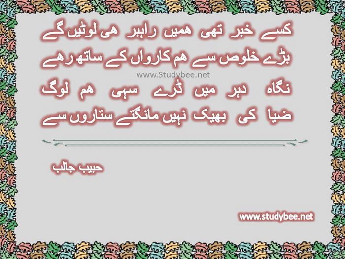 Kisay khabr thy hamen rahbar he looten gay, baray khaloos say ham karwan kay sath rahy, niga dohr main daray sahi ham log, zia ki bheek nahi mangtay sitaron say