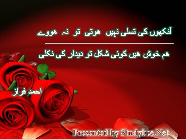 آنکھوں کی تسلی نہیں ھوتی تو نہ ھووے ھم خوش ھیں کوئی شکل تو دیدار کی نکلی