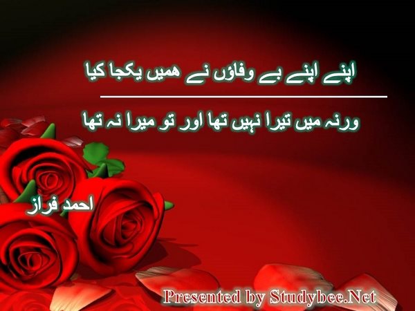 اپنے اپنے بے وفاؤں نے ھمیں یکجا کیا ورنہ میں تیرا نہیں تھا اور تو میرا نہ تھا