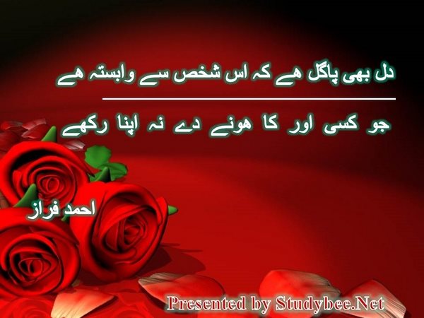 دل بھی پاگل ھے کہ اس شخص سے وابستہ ھے جو کسی اور کا ھونے دے نہ اپنا رکھے