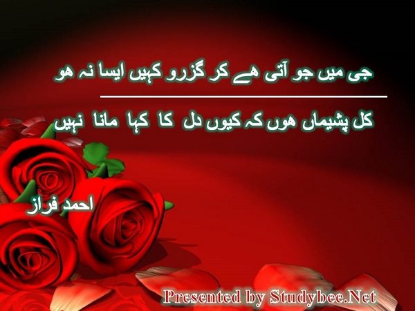 جی میں جو آتی ھے کر گزرو کہیں ایسا نہ ھو کل پشیماں ھوں کہ کیوں دل کا کہا مانا نہیں