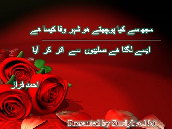 مجھ سے کیا پوچھتے ھو شہر وفا کیسا ھے ایسے لگتا ھے صلیبوں سے اتر کر آیا