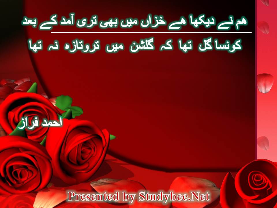 ھم نے دیکھا ھے خزاں میں بھی تری آمد کے بعد کونسا گل تھا کہ گلشن میں تروتازہ نہ تھا