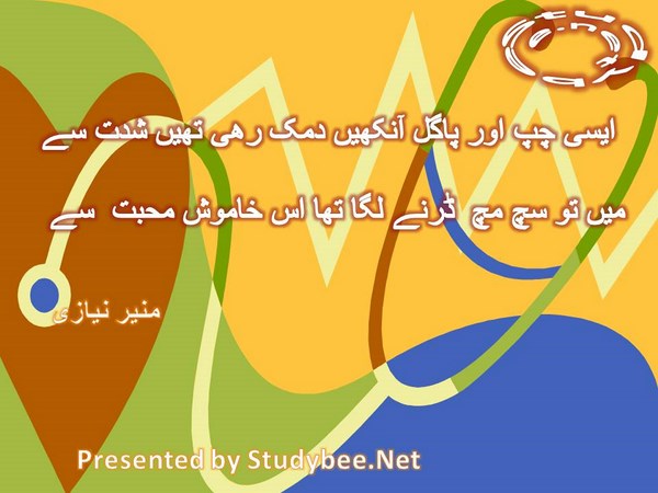 Aisy chup aur pagal aankhen damak rahy then shidat say, main to sach much darnay laga tha is khamosh mohabat say-Munir Niazi Love Poetry