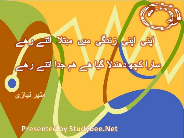 Apny apny zindgy main mubtala itnay rahay, sara kuch dhundla gya hy ham juda itnay rahay-Munir Niazi Love Poetry