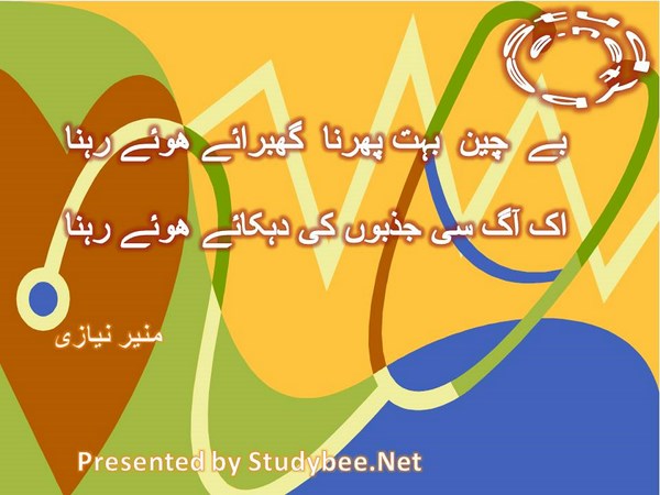 Bechan boht phirna ghabraye huwy rehna, ik aag si jazbon ki dehkaye huwye rehna-Munir Niazi Love Poetry