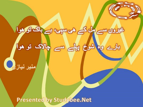 Gheron say mil kay he sahi, be bak to huwa, bary wo shokh pehlay say chalak to huwa-Munir Niazi Love Poetry