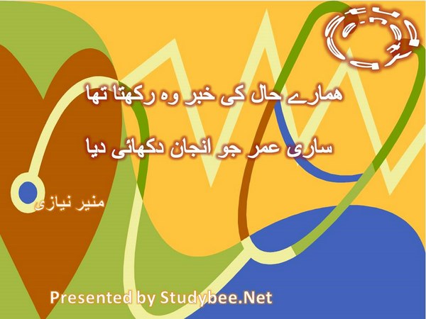 Hamary hal ki khabar wo rakhta tha, sari umar jo anjan dikhaye dia-Munir Niazi Love Poetry
