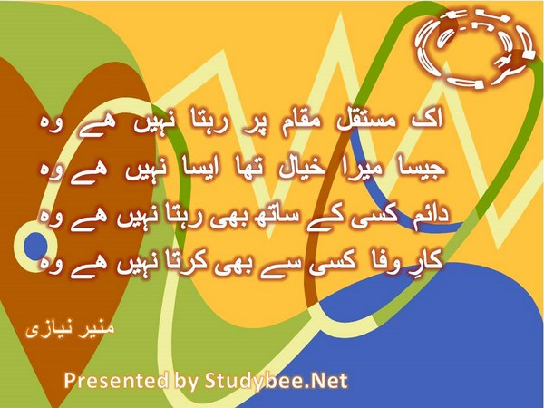 Ik mustaqil maqam p rehta nahi hy wo, jesa mera khyal hy wesa nahi he wo-Munir Niazi Love Poetry