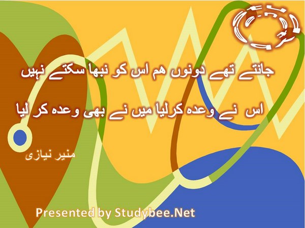 Jantay thay donon ham isko nibha saktay nahi, us nay bhi wada kar lia main ny bhi wada kar lia-Munir Niazi Love Poetry
