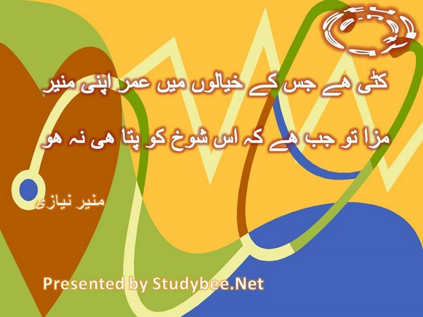 Katy hy jis kay khyalon main umr apni munir, maza to jab hy kay us shokh ko pata he na ho-Munir Niazi Love Poetry