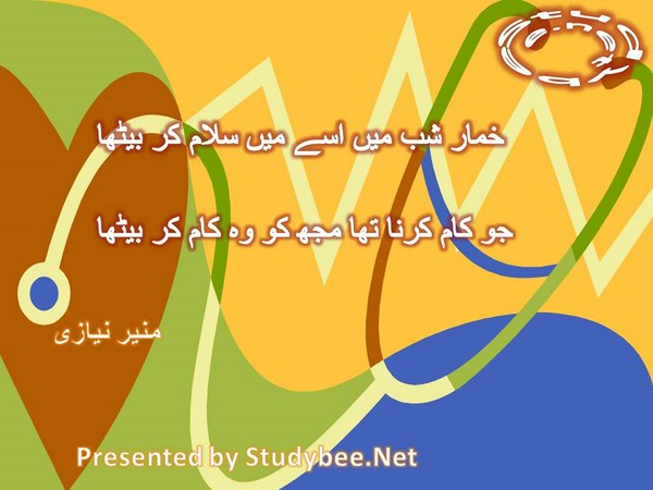 Khamar e shab main usay main salam kar betha, jw kam krna tha muj ko wo kam kar betha-Munir Niazi Love Poetry