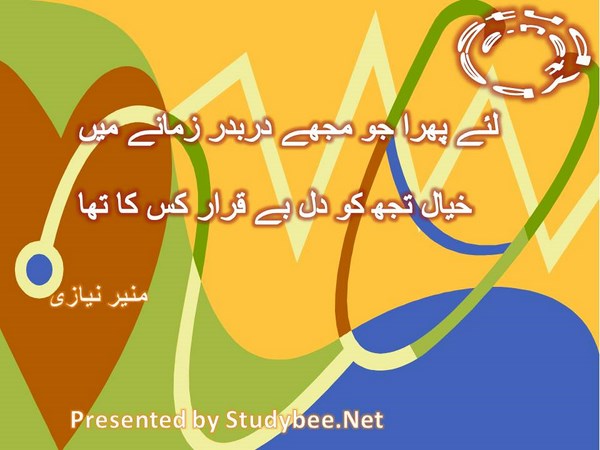 Liye phira jo muj darbadar zamanay main, khayal tuj ko dil e beqarar kis ka tha-Munir Niazi Love Poetry