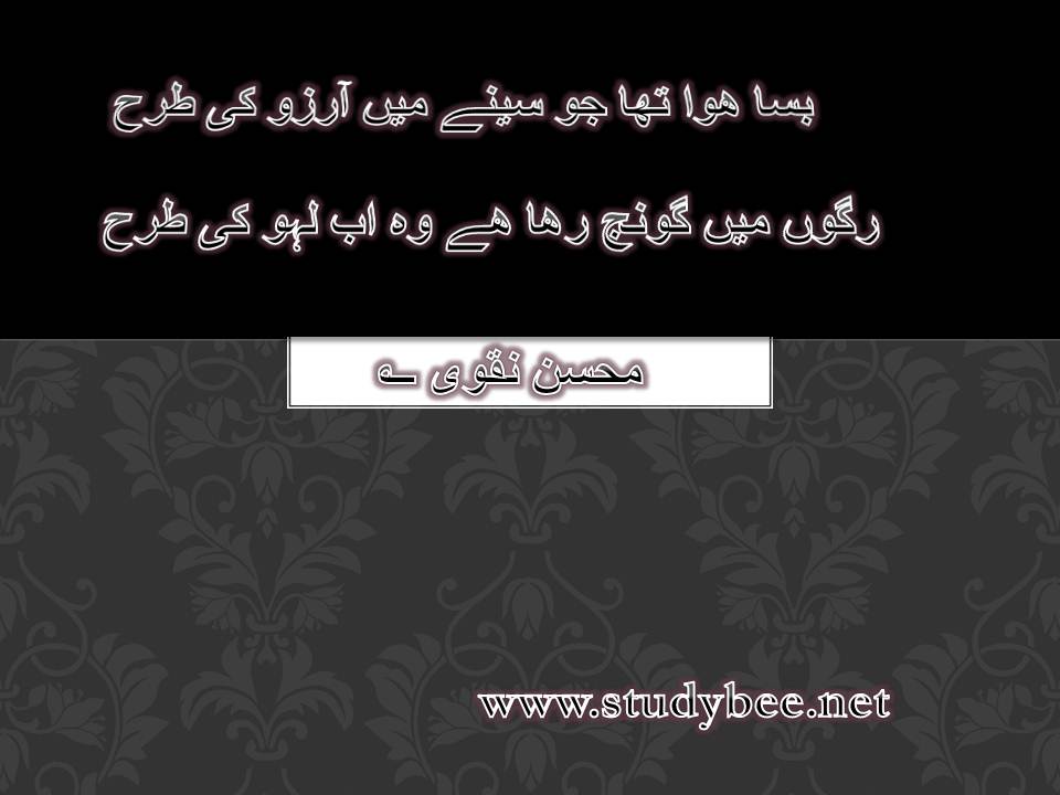 Basa huwa tha jo seenay main aarzoo ki tarha, ragon main goonj raha hy wo ab lahoo ki tarha
