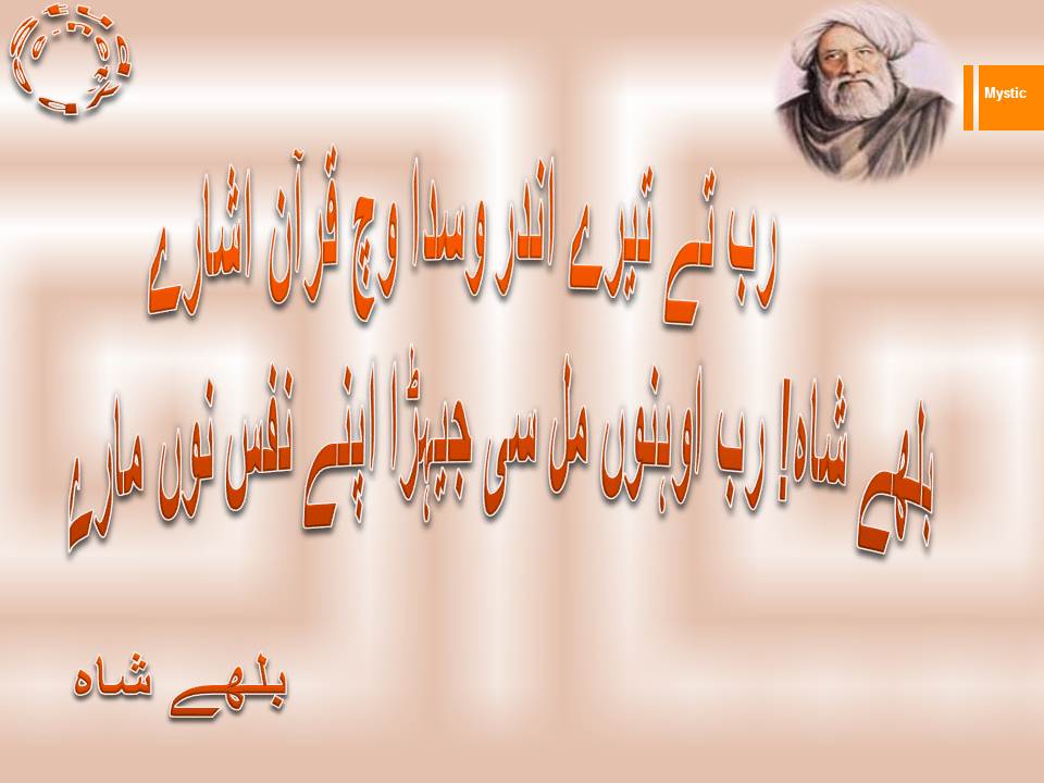 Rab te tery andar wasda wich quran isharay, bulhe shah rab ohnun mil si jehra apnay nafs nu maray