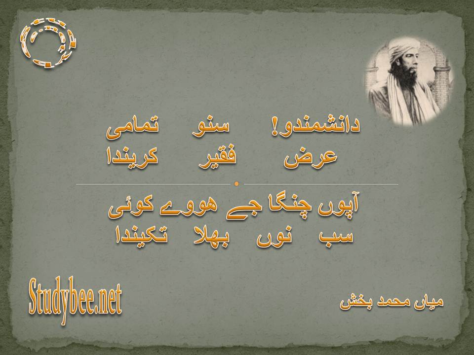 Danishmando suno tamami arz faqeer karenda, apon changa je howy koi sab nun bhala takenda