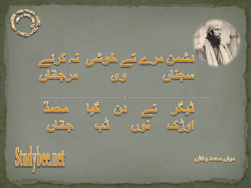 Dushman mary te khushy na kariy sajnan wi mar janan, deegar te din gaya muhammad, aurak nun dub janan