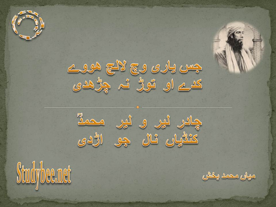 Jis yari wich lalach howy kaday o tor na charhdi, chadar leer o leer muhammad kandyan nal jo ad di