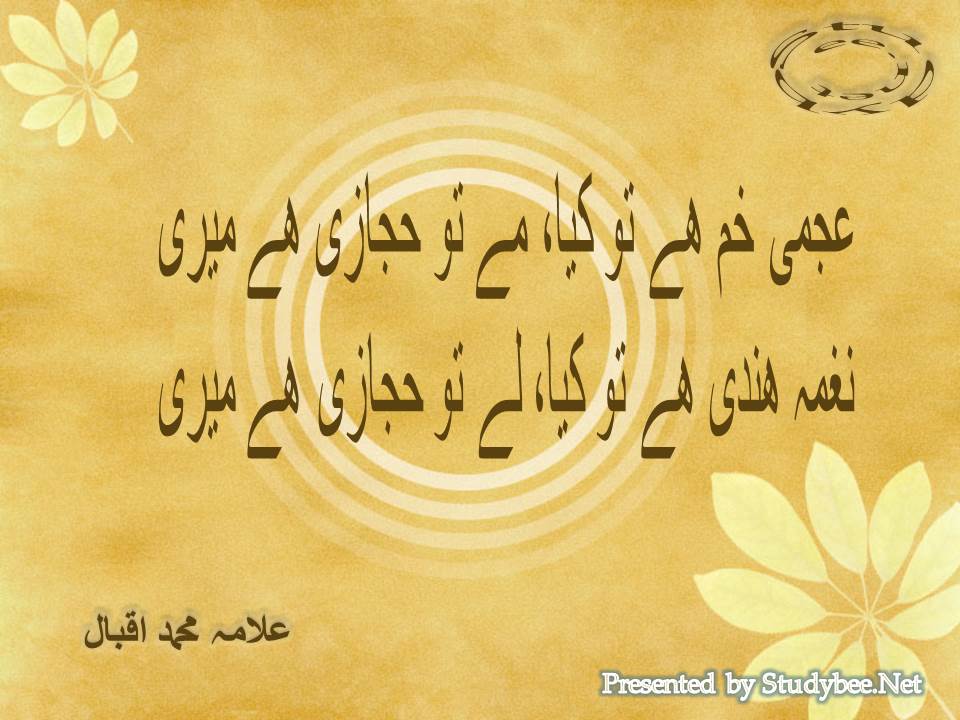 Ajami kham hy to kya maye to hijazi hy meri, naghma hindi hy to kya laye to hijazi hy meri shikwa by iqbal