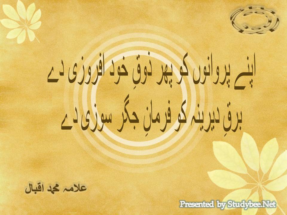 Apnay parwanon ko pir zoq e khud afrozi de, barq e dereena ko farman e jigar sozi de