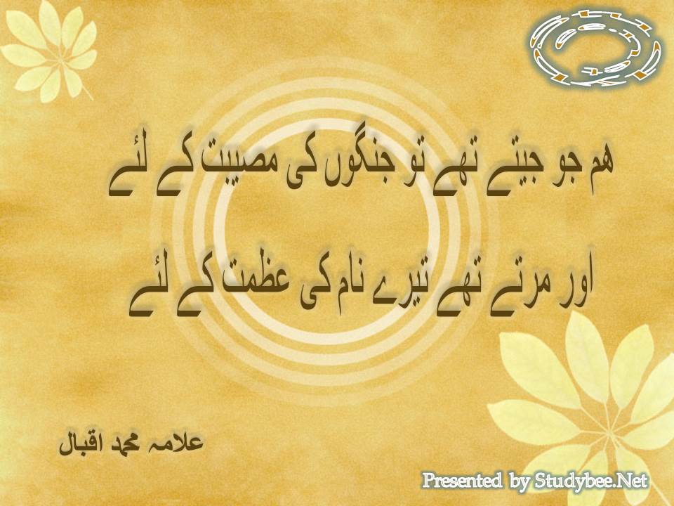 Ham jo jeetay thay to jangon ki museebat ke liye, aur martay thay tery naam ki azmat ke liye