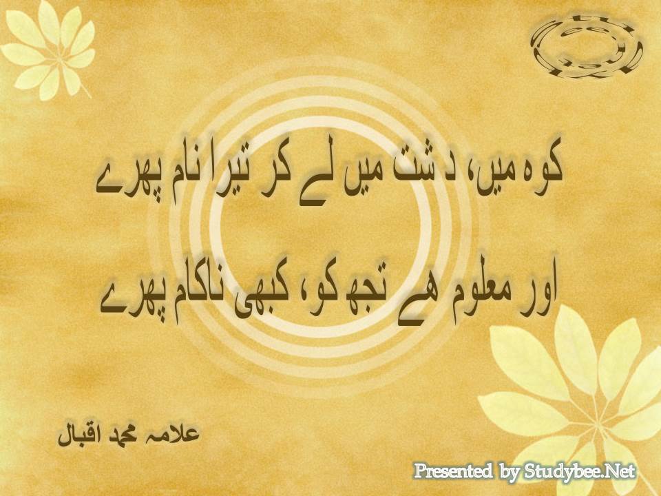 Koh main dasht main le kar tera nam phiray, aur maloom hy tuj ko kabhi nakam phiray