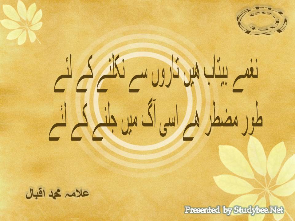 Naghmay betab hain taron se nikalnay ke liye, toor muztar hy isi aag main jalnay ke liye