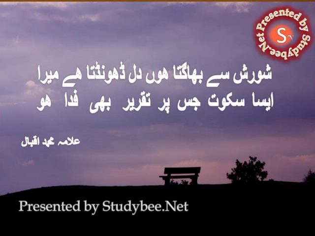 Shorish se bhagta hun dil dhoondta hy mera aisa sakoot jis pe taqdeer bhi fida ho